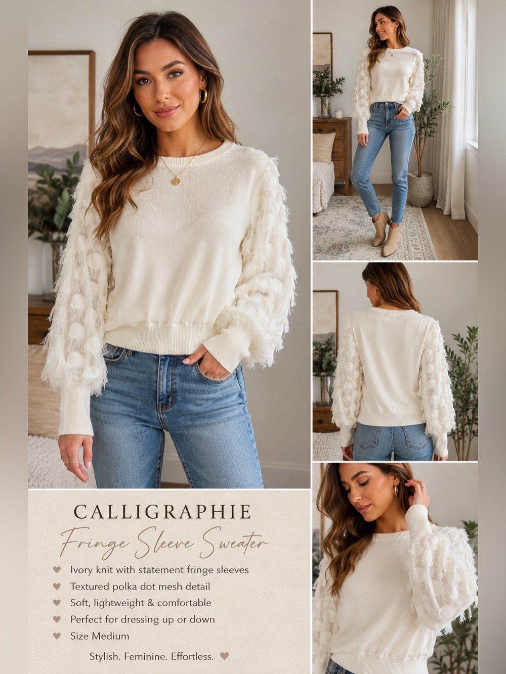 Calligraphie Ivory Fringe Sleeve Sweater M Boho Statement Knit Romantic Feminine